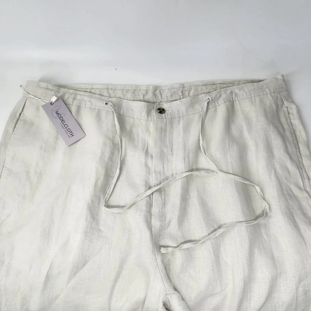 Modelcloth Volos Linen Trousers Mens 40 Light Sand Drawstring Pants Classic